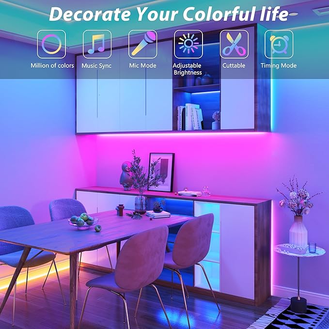 50FT Led Lights for Bedroom, Color Changing RGB Led Strip Lights Indoor, Music Sync Led Light Strip with Remote and App Control, DIY Led Lights for Room Home Decor Ambient Lighting (1 * 50FT)