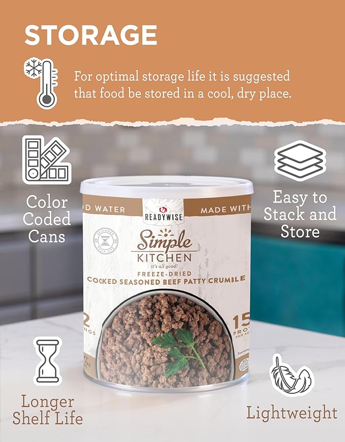ReadyWise Simple Kitchen Seasoned Ground Beef Crumbles, 22 Servings – Freeze-Dried Meat for Emergency Food Supply, Long-Term Storage, Camping, Survival, MRE, and Disaster Preparedness, #10 Can