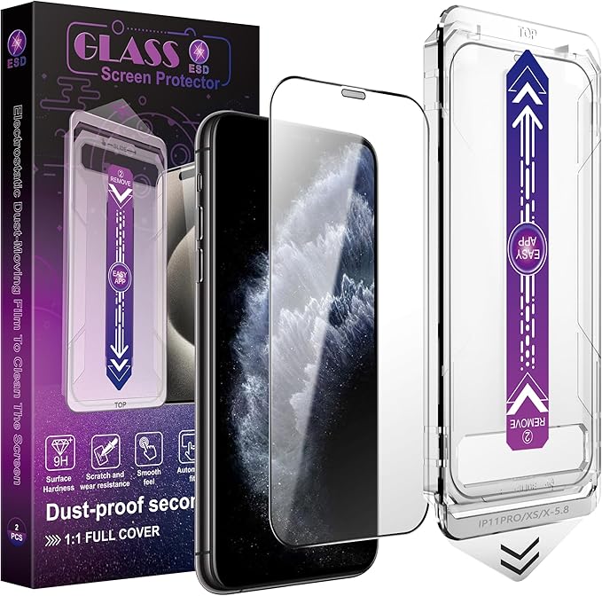 CHRYSHA 2 Pack Screen Protector for iPhone X/iPhone XS/iPhone 11 Pro, 9H Tempered Glass, Full Coverage, Anti-Fingerprint, Auto Dust-Elimination, No Bubble, Easy Installation