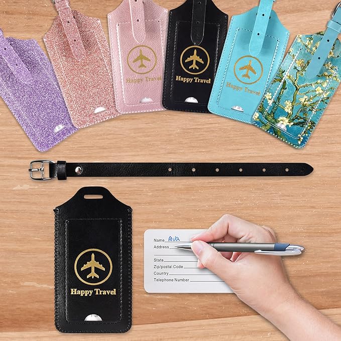 ACdream Luggage Tags 2 Pack, Leather Suitcase Tags Identifiers, Cute Cruise ID Labels with Privacy Cover fits on Backpack, Travel Bag, for Women, Men, Adults, Kids, Black