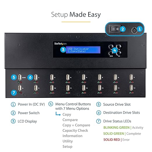 StarTech.com Standalone 1 to 15 USB Flash Drive Duplicator/Cloner/Eraser, Multiple USB Thumb Drive Copier / Sanitizer, System File / Sector-by-Sector Copy, 1.5 GB/min, 3-Pass Erase, LCD, TAA