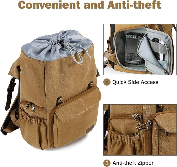 BAGSMART Camera Backpack, DSLR Camera Bag, Waterproof Camera Bag Backpack for Photographers, Fit up to 15" Laptop with Rain Cover and Tripod Holder, Khaki
