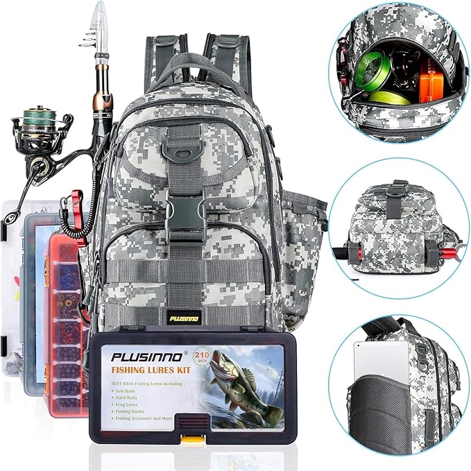 PLUSINNO Fishing Backpack Tackle Bag, Water-Resistant Backpack with Rod Holder, Ideal Shoulder Bag Gifts for Men