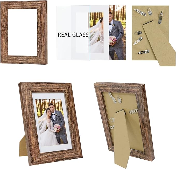 5x7 Picture Frame Set of 4, Made of Real Glass and Rustic Brown Wooden Frame, 5 by 7 Photo for Wall or Tabletop - Display Picture 4x6 with Mat or 5x7 Without Mat