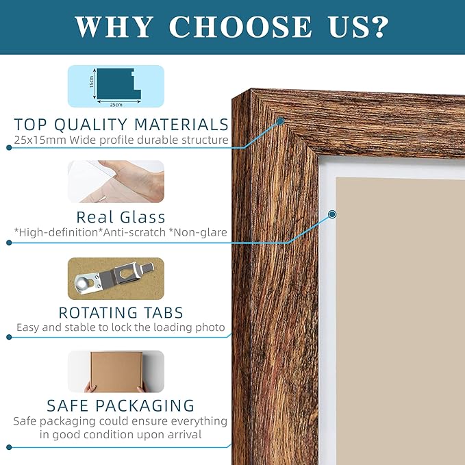 6x6 Picture Frame Set of 4, Made of Glass and Rustic Brown Wooden Frame - Display Picture 4x4 with Mat or 6 x 6 Without Mat, 6x6 Photo for Wall or Tabletop