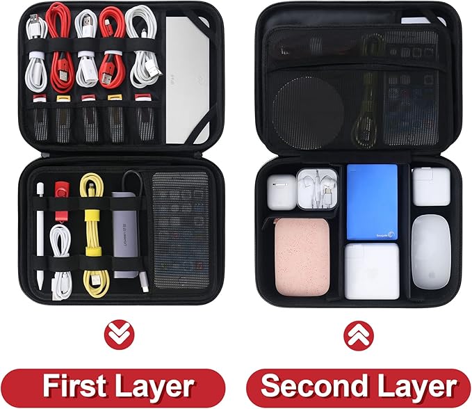 BOVKE Electronic Organizer Travel Cable Organizer Bag Electronic Accessories Case Portable Tech Organizer for Tablet Apple iPad 11in, Hard Drives, Cables, Chargers, iPhone, Power Bank, Black