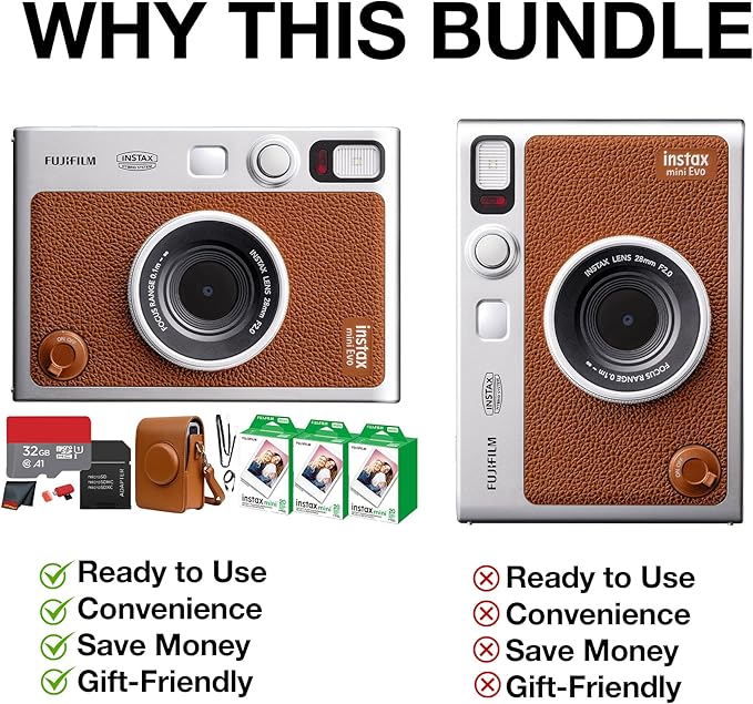 Fujifilm Instax Mini EVO Hybrid Instant Camera (Brown) Bundle with Instax-Mini Twin Pack Instant-Film 60 Sheets + 32GB Memory Card + Vintage Mini-Evo Camera Case + Cleaning Cloth