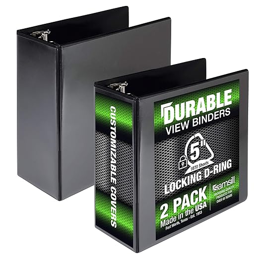 Samsill Durable 5 inch 3 Ring Binder, Made in USA, Locking D Ring FSC 100% Recycled Chipboard, Black, 2 Pack