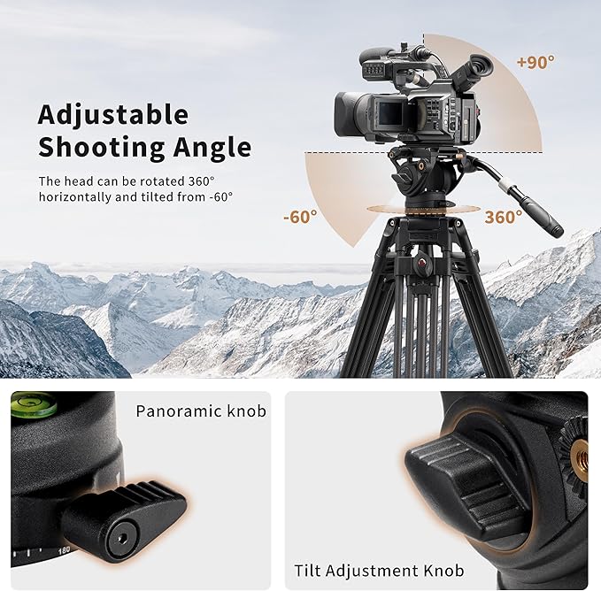 Cayer K6 Fluid Head, Metal Camera Tripod Head with Adjustable Pan Handle, Heavy Duty Video Tripod Pan Tilt Head for Video Cameras, DSLR Cameras, Telescope,Tripod, Monopod, up to 17.6 lbs