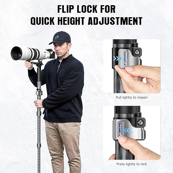 LEOFOTO Carbon Fiber Camera Monopod, Lightweight Travel Monopod with Quick Lock System for DSLR, DV, Video Camcorder, Phone Holder, Weight 0.6kg/1.32lb, Maximum Load 30kg/66lb