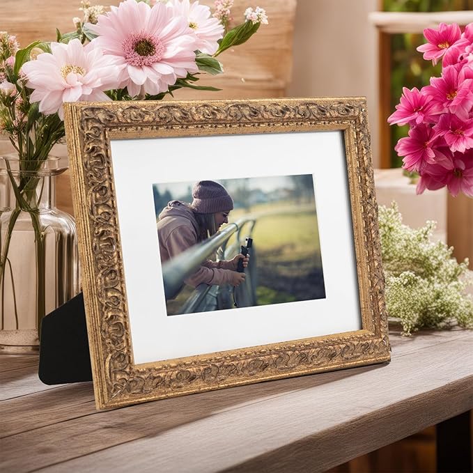 8x10 inch Distressed Wood Embossed Scroll Motif Vintage Antique Rustic Picture Frame, White Mat for 5x7 in Photo, Art Print Drawing, Wall Hanging or Desktop Display-Rustic Gold