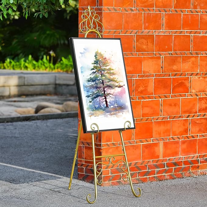 Metal Easel Stand for Sign with Chain Support, Gold Extra Large Scroll Floor Standing Easel for Display Wedding Sign Picture Frame Mirror, 59" H × 22" L × 20" W