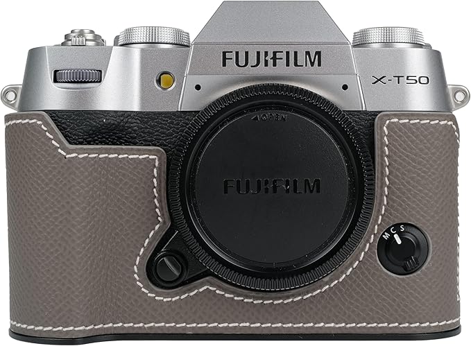 Uchandmade Handmade Genuine Leather Camera Half Case for Fujifilm X-T50/Fujifilm X-T50 Camera Case/Fujifilm X-T50 Case - Top Layer Cowhide Body + Metal Base Plate (8f etain)
