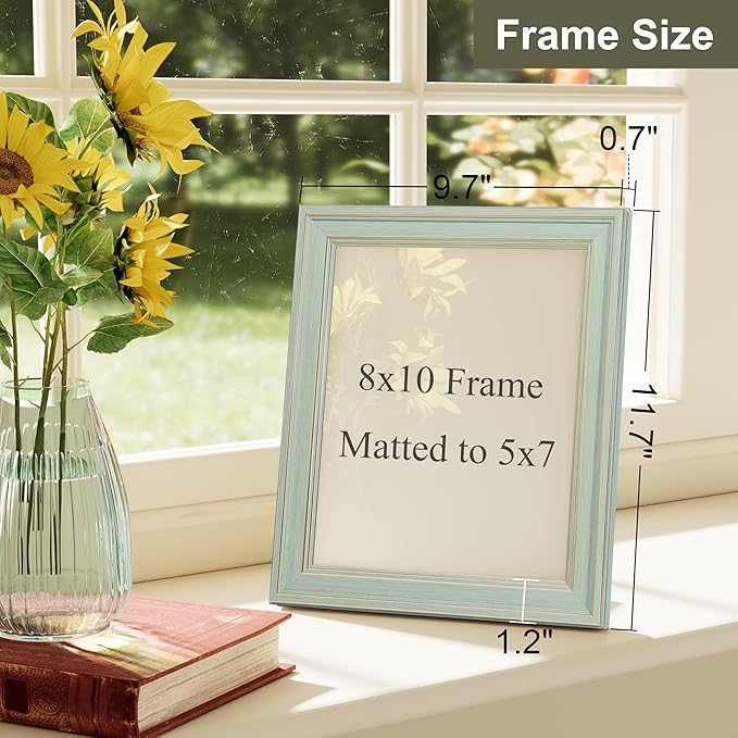Vittanly 8x10 Picture Frame Set of 4, Vintage Photo Frame for Wall or Tabletop, Display 5x7 Pictures with Mat or 8x10 without Mat, Rustic Farmhouse Home Decor, Light Green