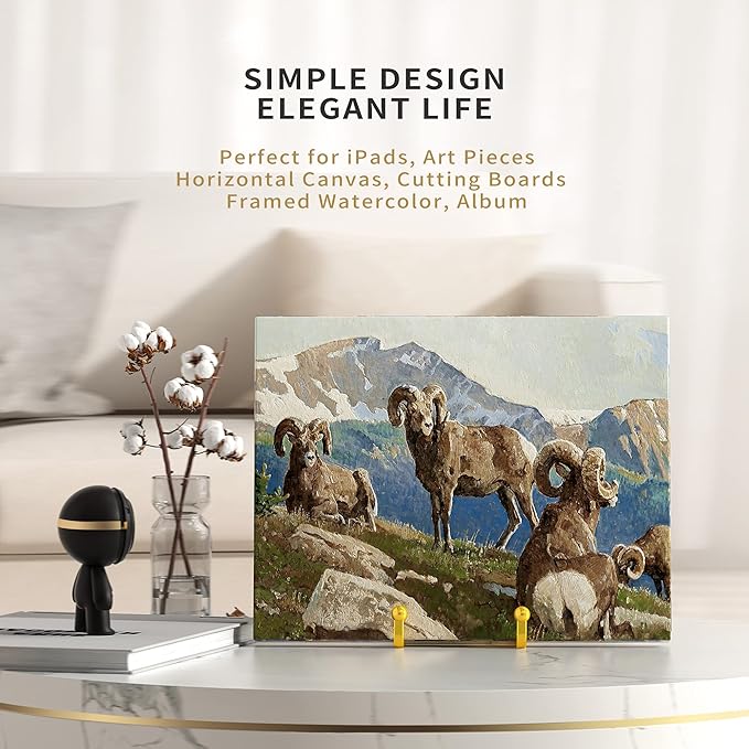 6 Inch Metal Square Wire Plate Stands for Display - Gold 2 Pack Holder Stand + Picture Frame Easel for Book, Decorative Plaque, Photo, Platter