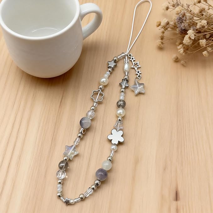 2 Pcs Phone Charm Strap Hand for iPhone Wrist Strap Camera Lanyard Pearl Beaded Cute Chain String Accessories Universal for iPhone 17 Pro Max 16 15 Samsung Women Girls Keychain Silver and Black Star