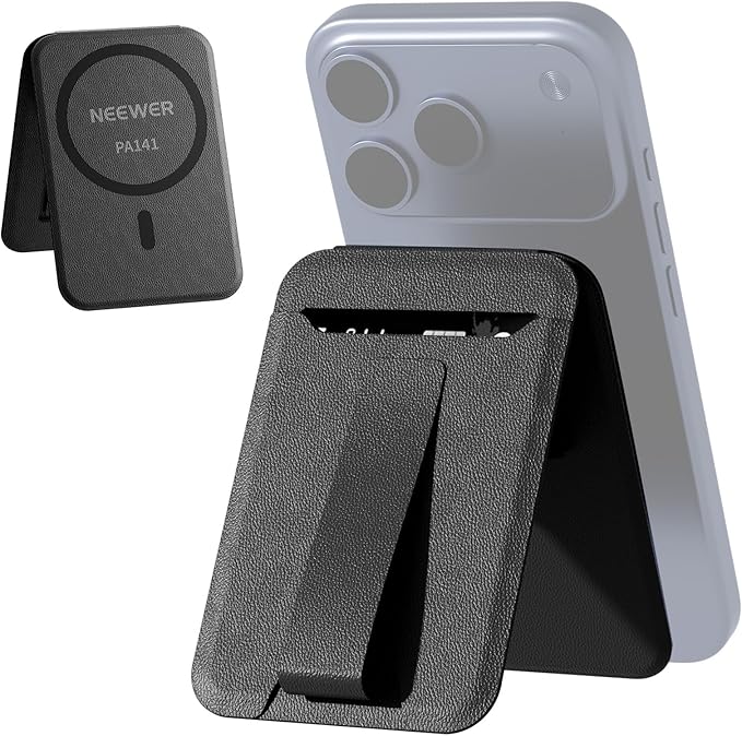 NEEWER Magnetic Phone Wallet with Card Holder, Foldable Desk Stand Lightweight Portable Leather Slim Cell Phone Card Case Compatible with MagSafe iPhone Samsung Android for Video Recording, PA141