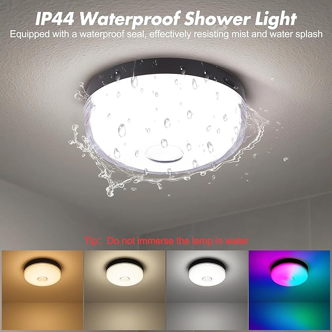 2-Pack Waterproof Shower Lights for Inside Shower, 15 RGBW Color Rechargeable Mood Lighting with Remote(Dimmable＆Timer), LED Wireless Ceiling Light for Bathroom, Closet, Hallway, Stairs, Party Decor