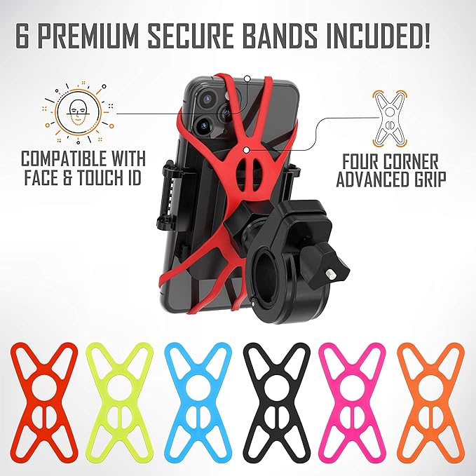 TruActive Premium Bike Phone Mount Holder for Kids and Teens | Universal Cell Phone Mount for 4"-7" Phones | Includes 6 Reusable Color Bands | Tool-Free Handlebar Mount Install for Boys & Girls Bikes