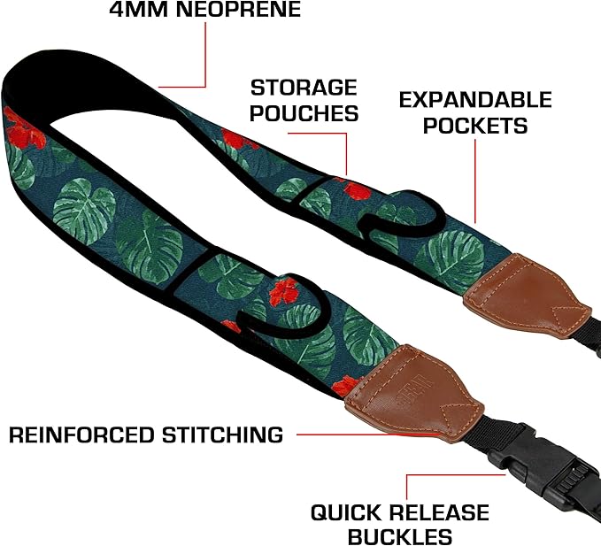 USA Gear TrueSHOT Camera Strap Neoprene Camera Straps - Padded Neck Strap, Pockets, and Quick Release Buckles - Compatible with Canon, Nikon, Sony and More DSLR and Mirrorless Cameras (Tropical)