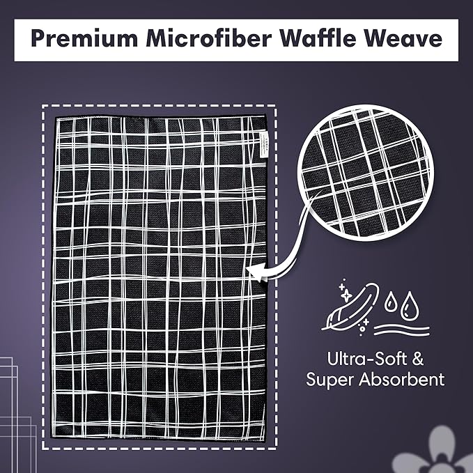 Reversible Microfiber Towel - Ultra Absorbent, Quick-Drying Hand Towels - Modern Design, Scratch-Free, Lint-Free for Kitchen, Bathroom, Car Cleaning - 19x29 Inches, Set of 1 (8 Track- Black/White)