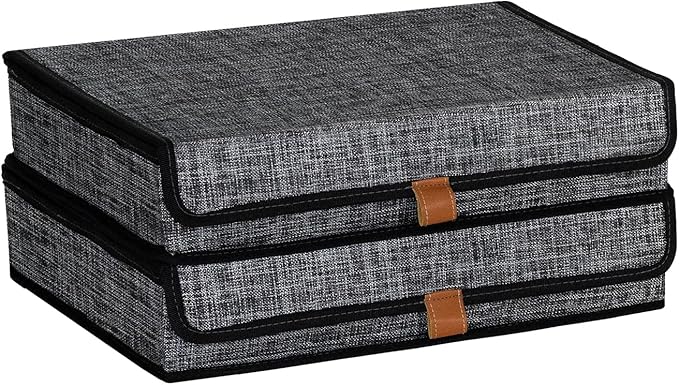 ORGMASTER Photo Storage Boxes with Lids, Memory Box for Keepsakes, Picture Organizer Versatile Linen Containers Basket Collapsible Bin for Organizing Home Office, 2 Pack, 14x10.8x2.5 Inch, Black