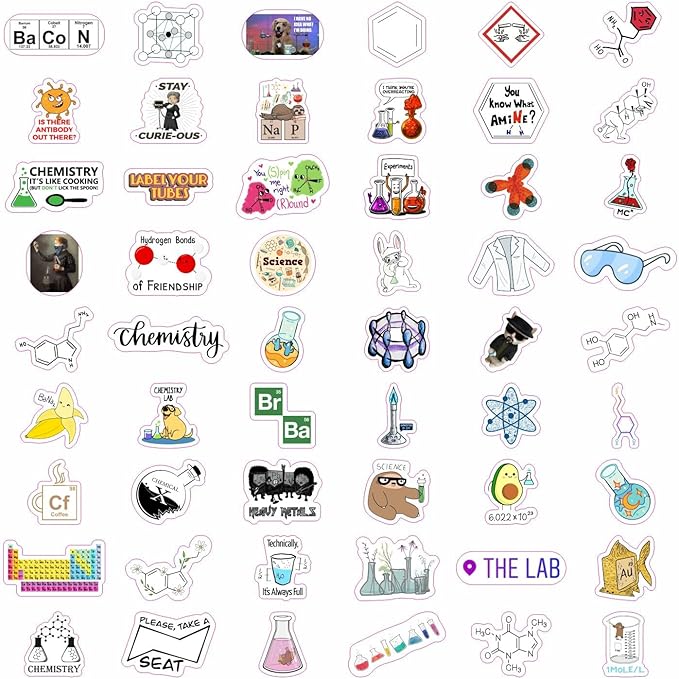 BulbaCraft 100Pcs Funny Chemistry Stickers for Laptop, Chemistry Computer Stickers, Lab Decals, Science Themed Presents, Gifts for Women & Men