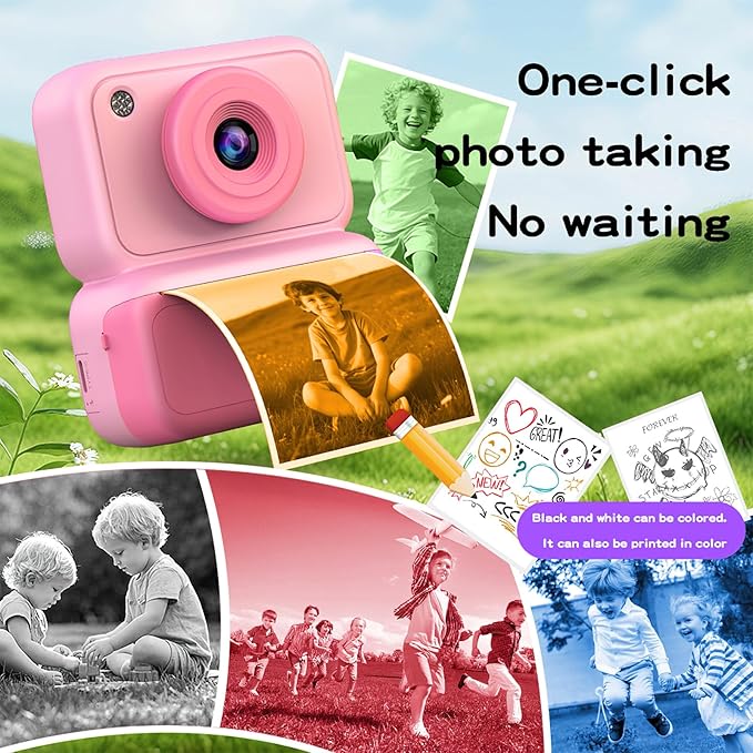 Kids Camera Instant Print, Instant Camera with 4 Roller Photo Paper & 32GB Card, 1080P Dual-Lens Digital Camera for Kids, Boys and Girls Toys Gifts for Teenage Girls Kids Toys for Ages 8-13 (Pink)