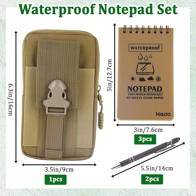 6 Pcs Waterproof Notebook Set, Write in The Rain Notebook, All Weather Notebook, Police Notepad, Field Notes Notebooks, 3 × 5" Pocket Notebook with Pen and Cover for Outdoor Activities Recording (Khaki)