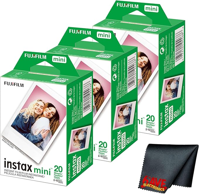 Fujifilm Instax Mini Instant Camera Film (60 Photo Exposure) Bundle with 6AVE Microfiber Cleaning Cloth