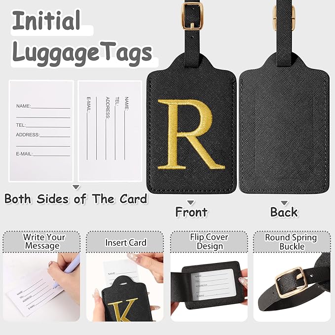 Personalized Initial Luggage Tags for Suitcases, Cute PU Leather Embroidered Letter Travel Luggage Tags, Suitcase Identifier Name Baggage Tag, Bag Tags for Men Women Kids Luggage Handbags(Black R)