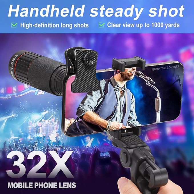 32X Telephoto Phone Lens, High Power HD Lens Attachment with Adjustable Tripod & Universal Clip, Compatible with iPhone Android, Ideal for Bird Watching, Concert, Outdoor Photography