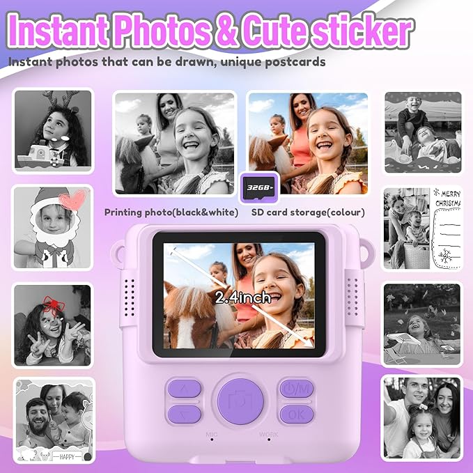 Instant Print Camera for Kids, Christmas Birthday Gifts for Girls Boys Age 3-12,Kids Digital Cameras for Toddler, Portable Toy for 3 4 5 6 7 8 9 10 Year Old Girl with 32GB SD Card-Purple