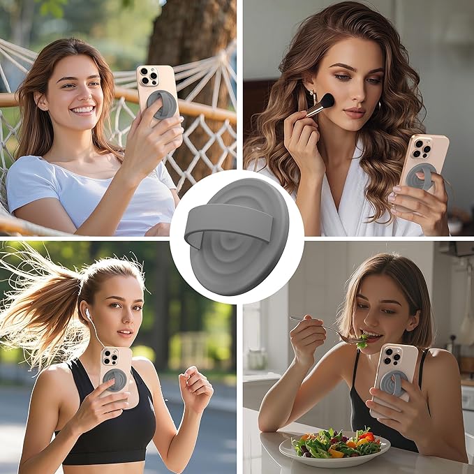 Magnetic Phone Grip Ring Holder, Liquid Silicone Magnet Cell Phone Grip Finger Loop, Compatible with Magsafe, Back of Phone for iPhone 17/16/15/14/13/12 Series, Gray
