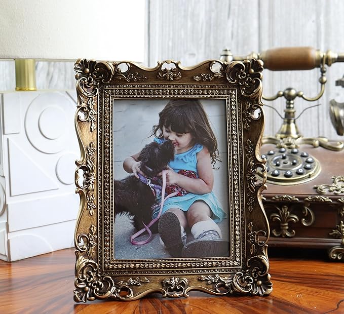 Hymmah Wallet Picture Frame Vintage Photo Frame Ornate Textured Hand-Crafted Resin Picture Frame with Easel & Hook for Tabletop & Wall Display, Decorative Floral Design Home Decor, Photo Gallery, Art, More (G-J, 5*7inch)