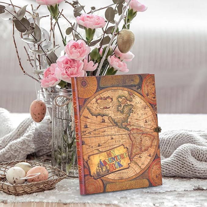 My Adventure Book Scrapbook – Retro-Style Embossed Photo Album with 124 Pages, DIY Memory Travel Journal for Couples, Anniversary, Wedding, and Valentine's Day Gifts(World Map Adventure Style)