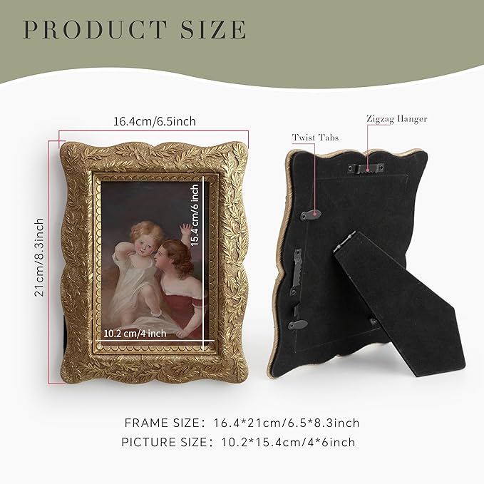 Standing Desk Photo Frame 4 by 6，Vintage Picture Frame 4x6,Luxury Photo Frames with Glass Front, Tabletop Wall Hanging, Gift Idea