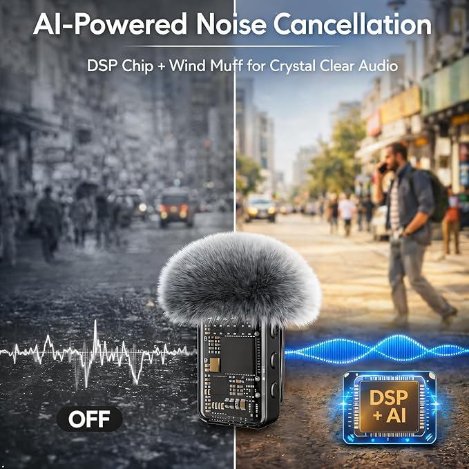 Mini Wireless Lavalier Microphone Noise Cancelling for iPhone,Android Lapel Mic with Charging Case Clip on Microphone Wireless Microphone for Vlogging, YouTube, TikTok Content Creator, Video Recording
