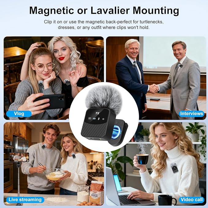 Mini Wireless Lavalier Microphone for iPhone/Android/Tablets,Magnetic Mini Mic with Noise Reduction, 25H Battery Life with Charging Case, Lapel Microphone Wireless for Video Recording Podcast