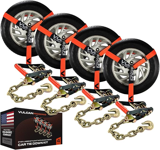 VULCAN Car Tie Down with Chain Anchors - Lasso Style - 2 Inch x 96 Inch - 4 Pack - PROSeries - 3,300 Pound Safe Working Load