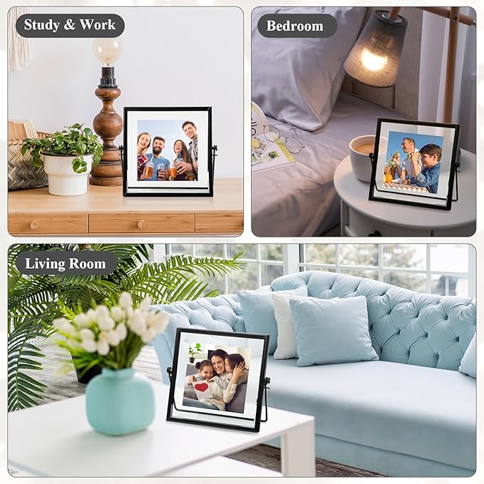 Hoteam 12 Pack 6 x 6 Inches Black Floating Frame for Photo 4 x 4 Inch Glass Floating Picture Frame Collection Vintage Metal Minimal Ornate Easel for Wedding Gift Pictures Photos Desk Tabletop Display