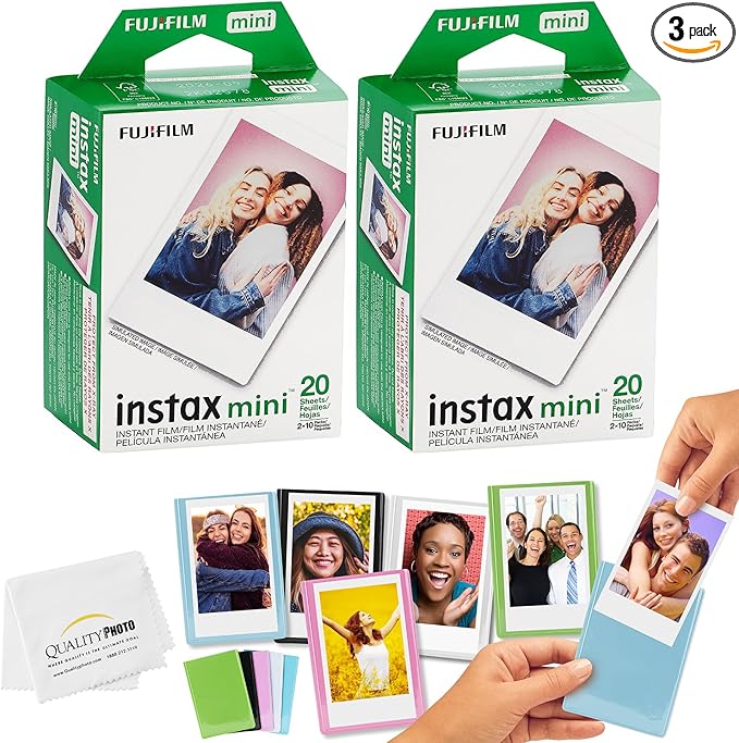 Fujifilm Mini Instax Films + Colored Magnet Photo Frames + Quality Photo Microfiber Cloth (40 Prints)