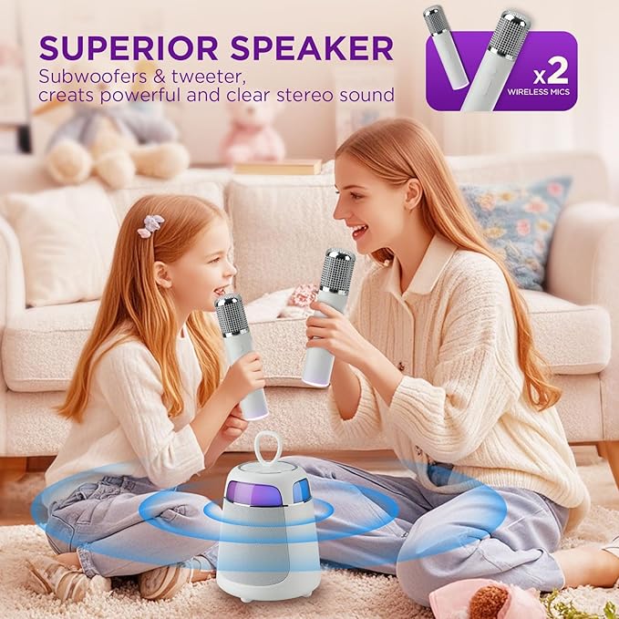 Mini Karaoke Machine with 2 Wireless Microphones, Portable Karaoke Machine for Kids & Adults, 10W Bluetooth Speaker with Voice Changer, Lights, Supports USB/TF/AUX
