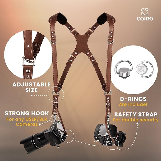 C Coiro Camera Harness for 2 Cameras Dual Shoulder Leather Camera Strap for DSLR/SLR, Camera Straps for Photographers