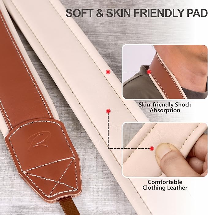 Padwa Lifestyle Tan Padded Leather Camera Strap - Full Grain Genuine Cowhide Camera Straps with White Thick Skin-friendly Clothing Leather Padded,Soft&Comfort Strap for Long Periods of Photographers