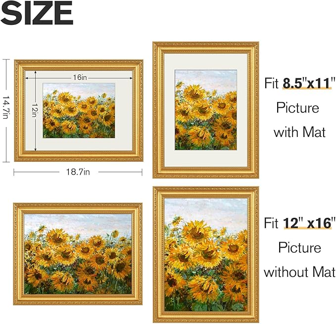 12x16 Gold Picture Frames Set of 2, Ornate Vintage 12 x 16 Photo Frames for Wall Decor or Tabletop Display, 16x12 Gold Frames with Real Glass, Display 8.5x11 Pictures with Mat or 12x16 without Mat for Antique Déco