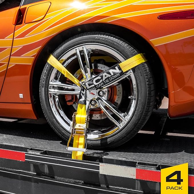 VULCAN Car Tie Down with Flat Hooks - Lasso Style - 2 Inch x 96 Inch - 4 Pack - Classic Yellow - 3,300 Pound Safe Working Load