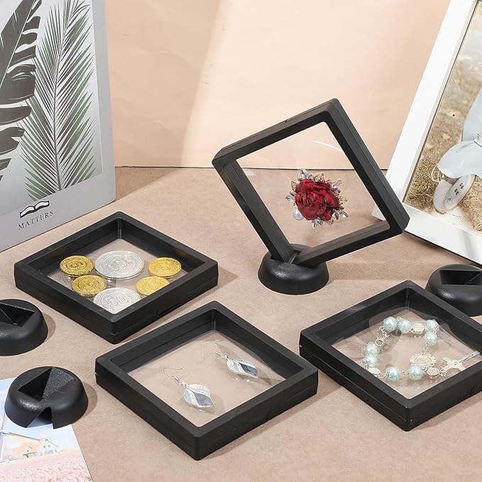 4 Pcs Floating Display Case Challenge Coin Holder Stand 3D Floating Frame PE Film Jewelry Storage Box Coins Black 3D Float Display Case for Antique Challenge Coins Medallion Shells 4.33x4.33 Inch