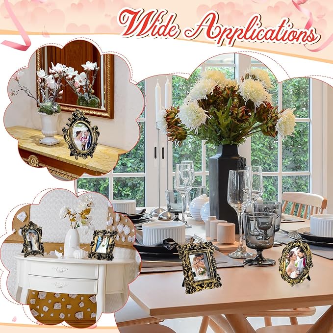 Maitys 20 Pcs Mini Picture Vintage Frames with Stands Tiny Antique Photo Baroque Ornate Resin Oval Frame Table Top Display Home Wedding Decor (Black Gold)