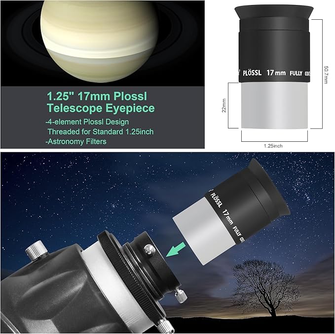 Alstar 1.25 Inch Plossl Telescope Eyepiece - 17mm Fully Multicoated Optical Lens for 1.25inch Astronomic Telescope and Astronomy Filters - 4 Element Plossl Design